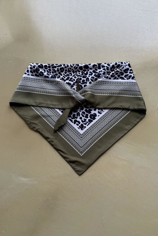 Leopard & Tile Border Triangle Silk Neckerchief Olive